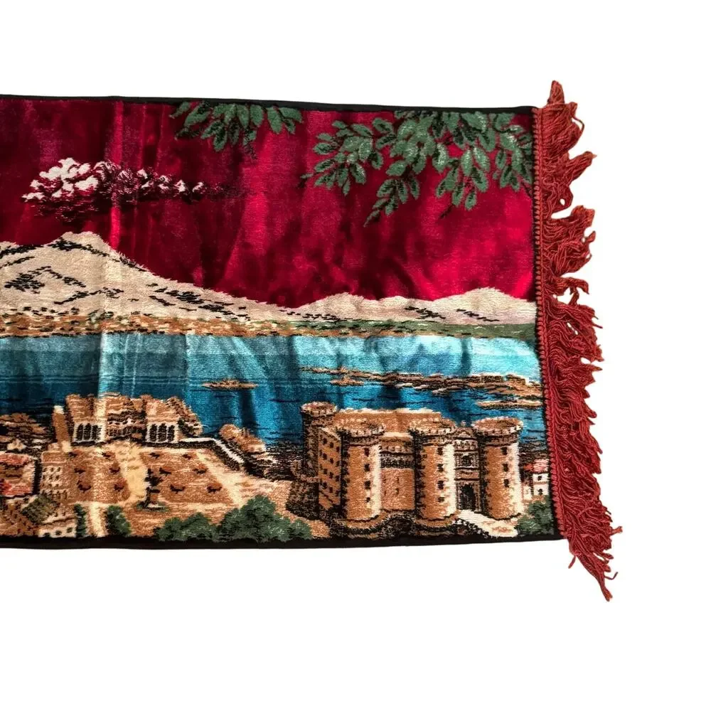 Vintage Gulf of Naples Italy Velvet Tapestry Fringed Wall Hanging Mt Vesuvius